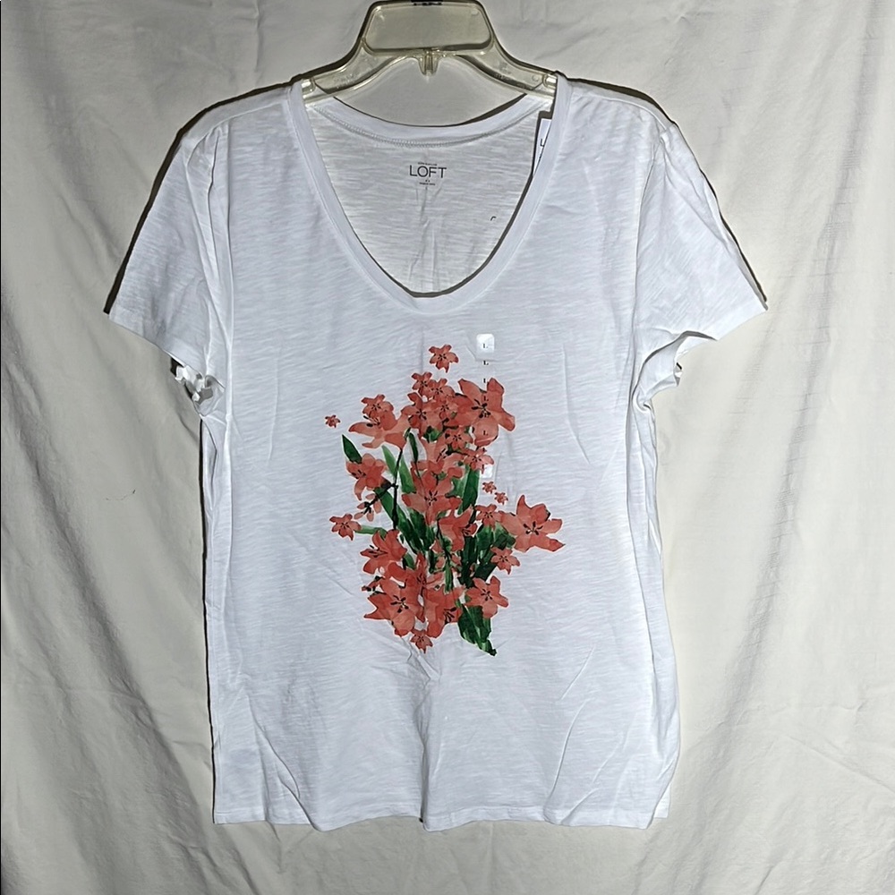 LOFT Red Graphic White Short Sleeve Tee